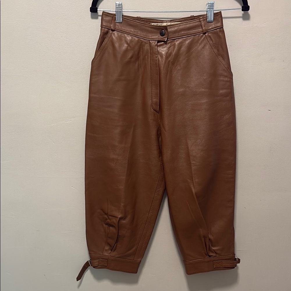 Vintage Nicky Joelle Creations Paris Brown Leather High-Waist Cropped Pants
